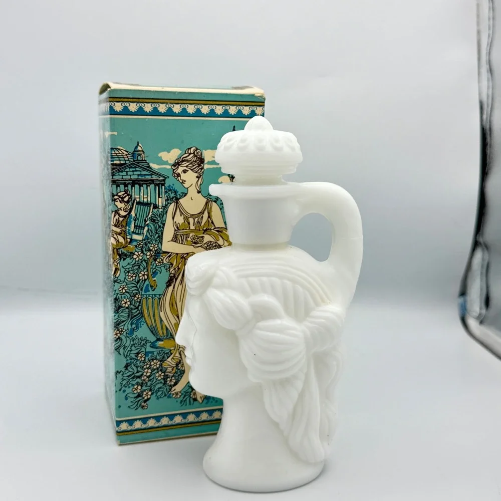 Vintage Avon Grecian Pitcher Skin So Soft Bath Oil White Milk Glass Decanter Box